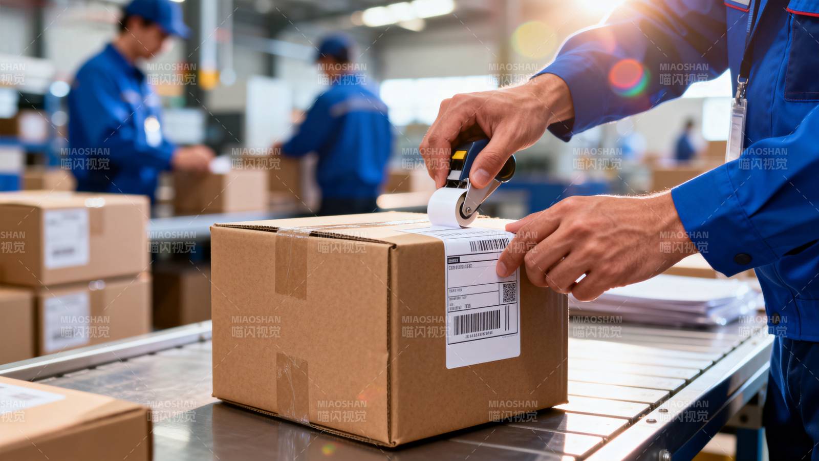 工人贴标签打包货物图片