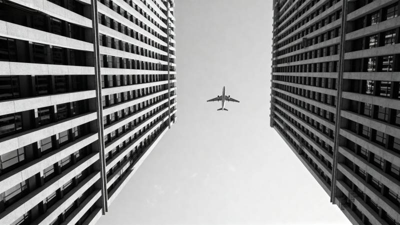 城市夹缝中的飞机图片