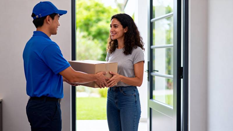 快递员送货上门图片