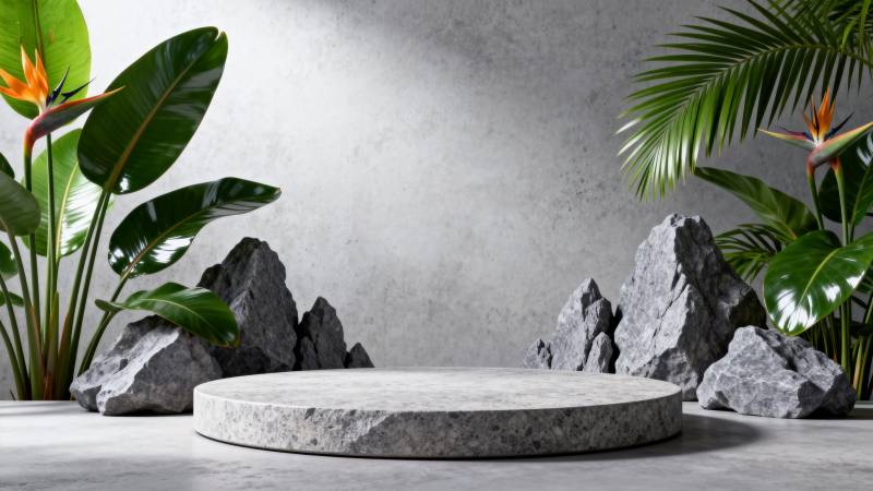 自然石台绿植环绕图片