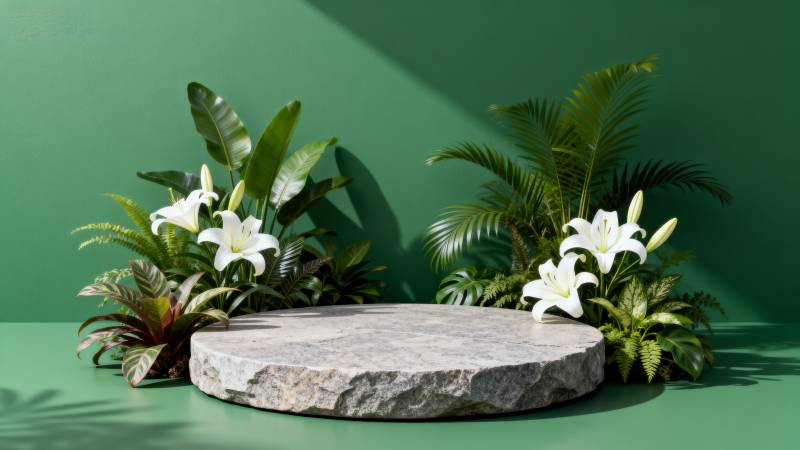 绿植环绕石台图片