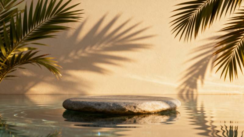 棕榈影下的静谧石台图片