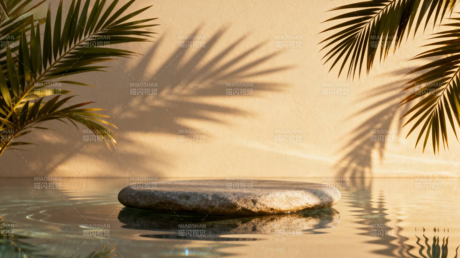 棕榈影下的静谧石台图片