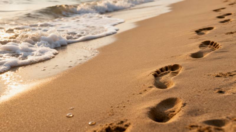 沙滩足迹与海浪图片