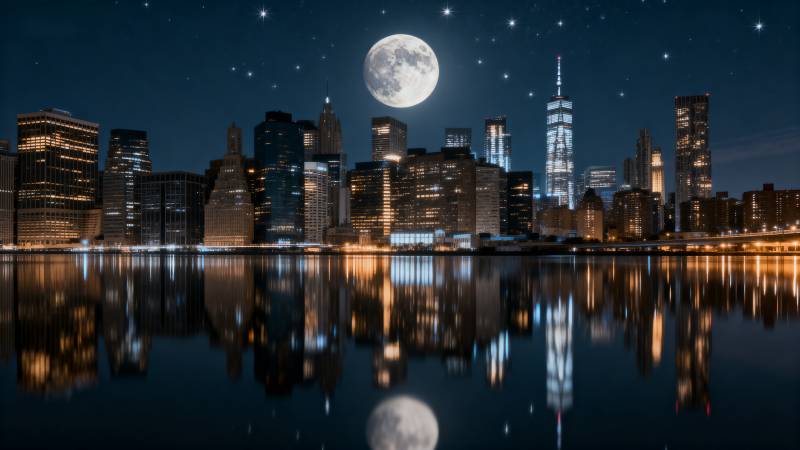 月夜都市倒影图片