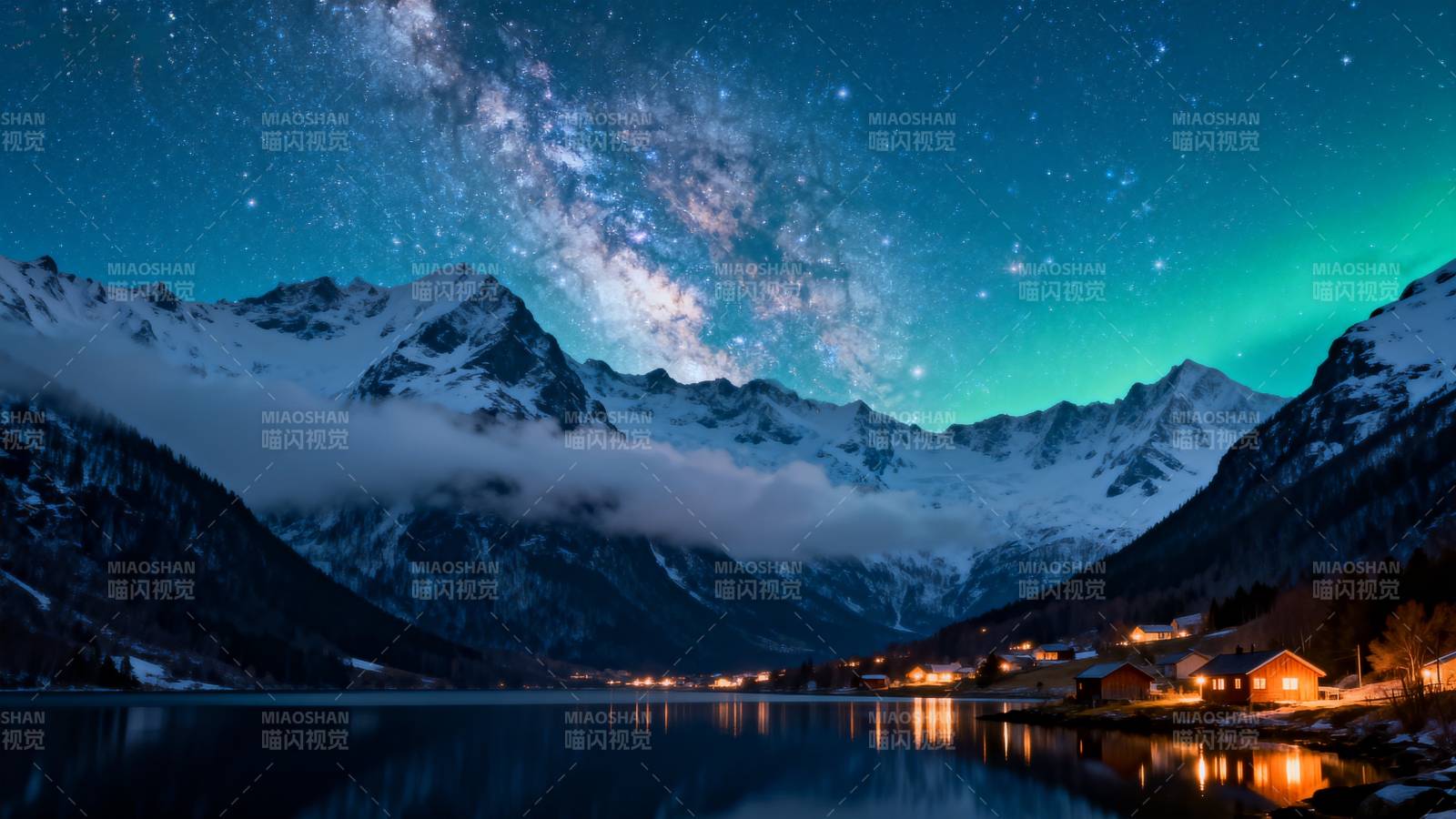 星河映雪山湖景图片