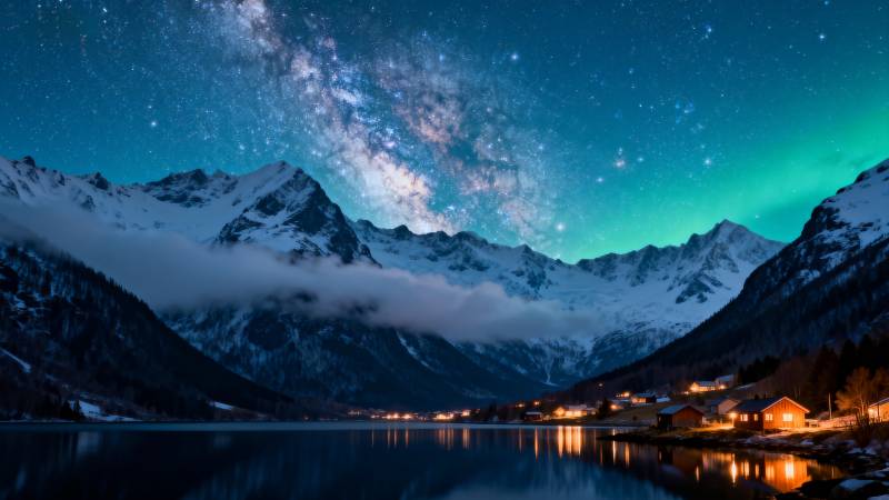 星河映雪山湖景图片