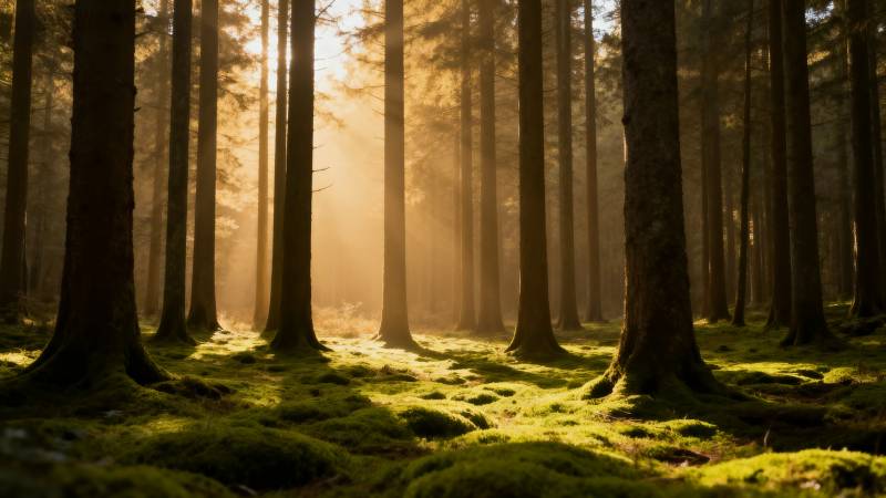 晨光穿透森林图片