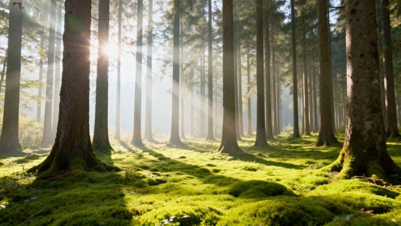 晨光穿透森林图片