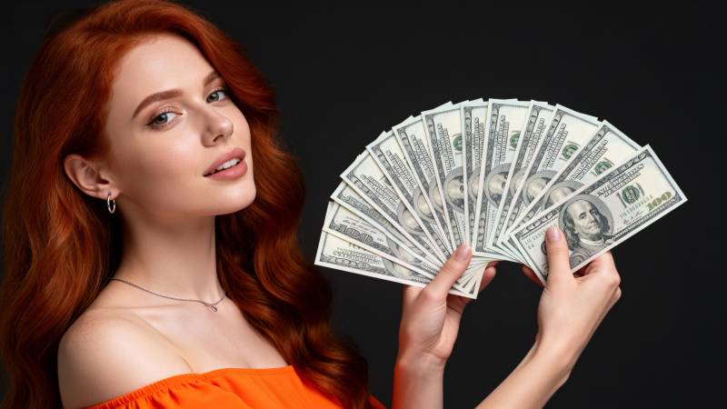 红发女子手持百元美钞图片