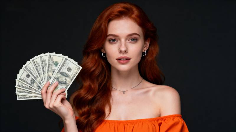 红发女子手持美元图片