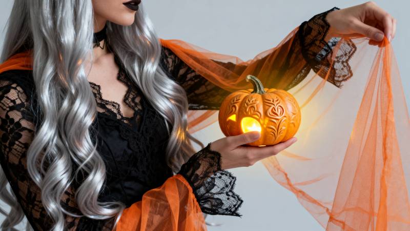 银发女巫持南瓜灯图片