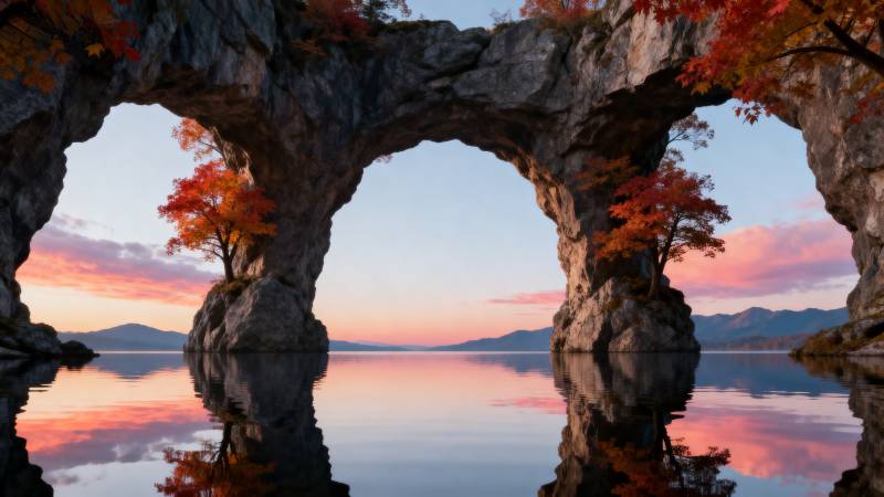 秋湖双拱映彩霞图片