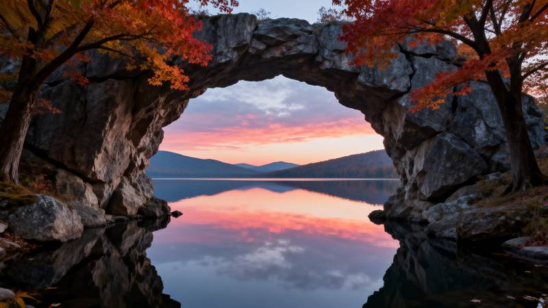 秋湖拱石映晚霞图片