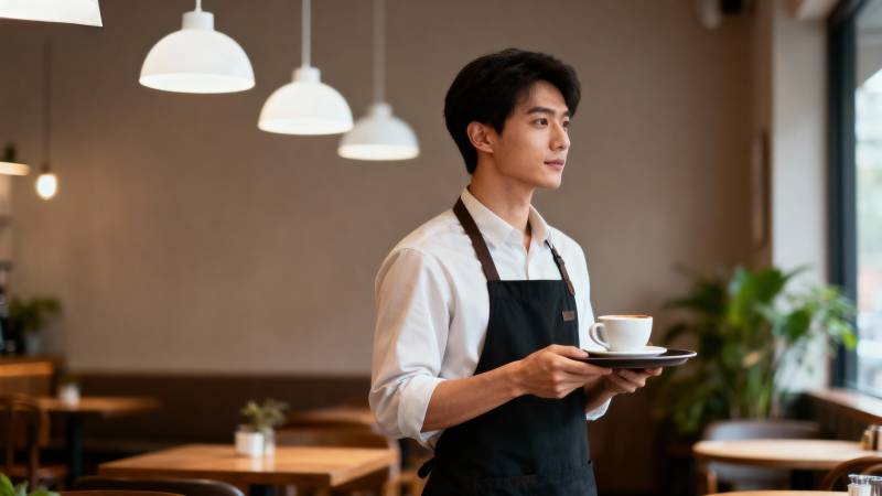 咖啡师端杯微笑图片