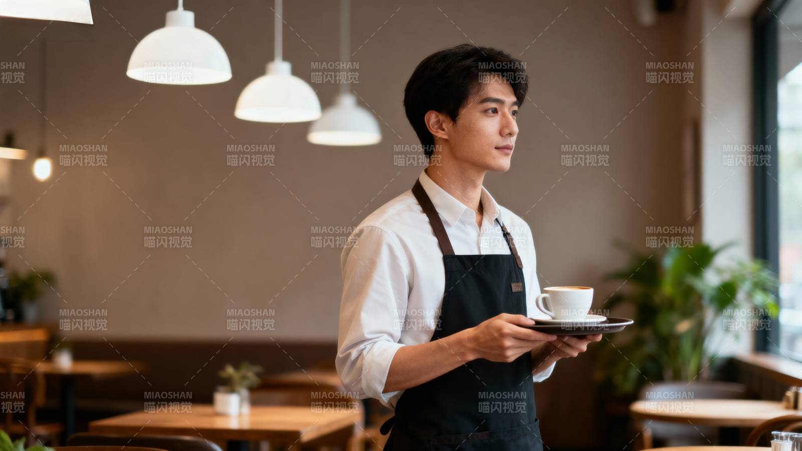 咖啡师端杯微笑图片