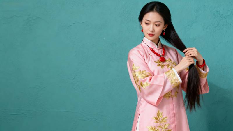 粉衣女子梳长发图片