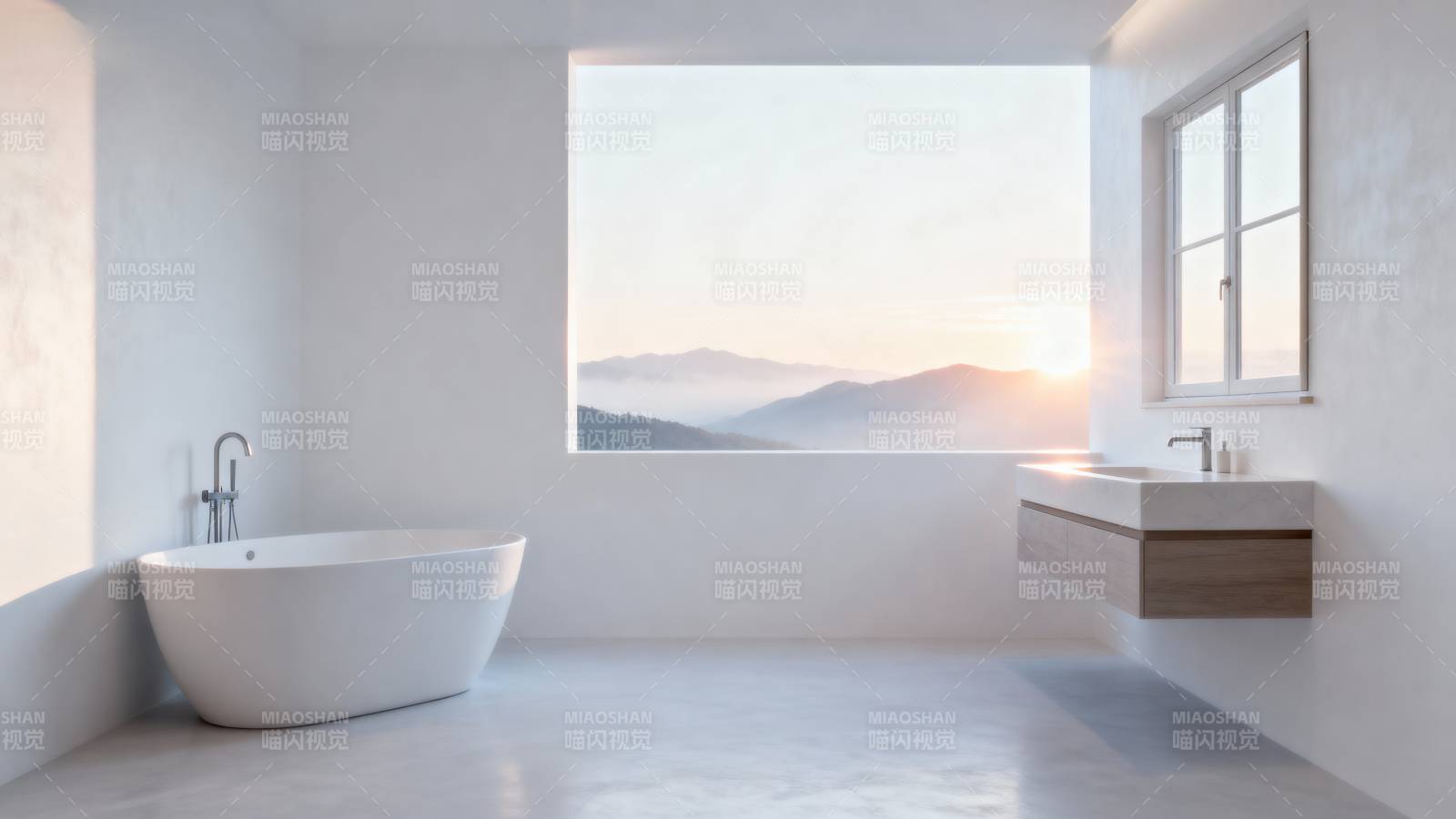 极简浴室 窗外山景图片