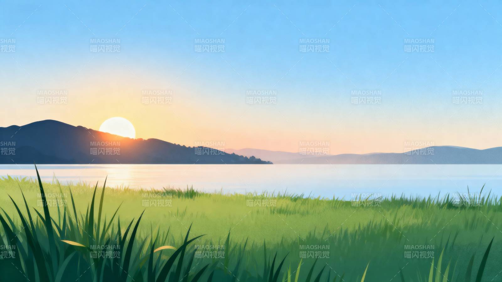 湖畔日出美景图片