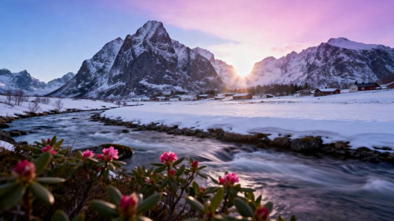 雪山春溪映朝霞图片