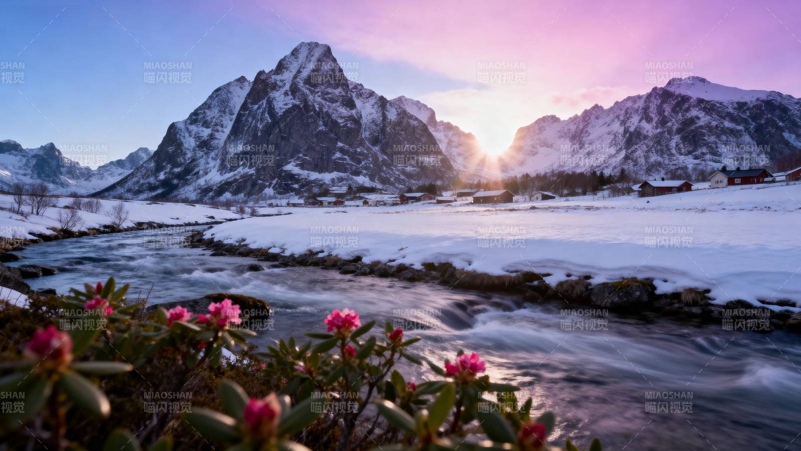 雪山春溪映朝霞图片