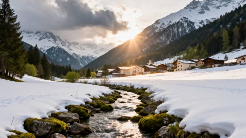 雪山溪流晨光图片