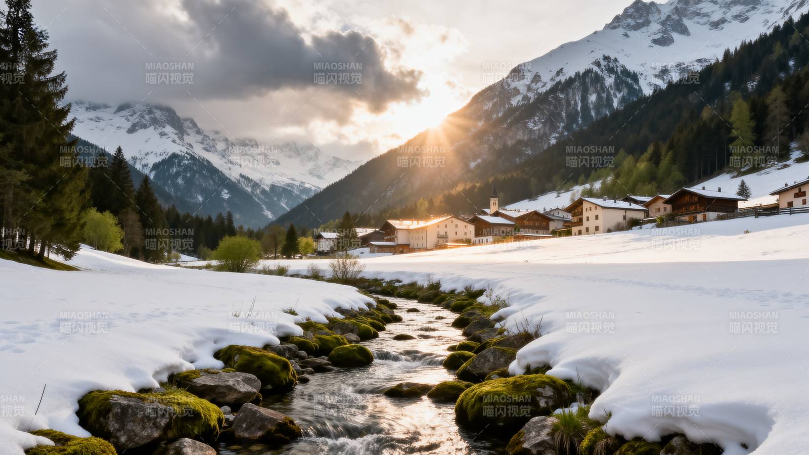 雪山溪流晨光图片