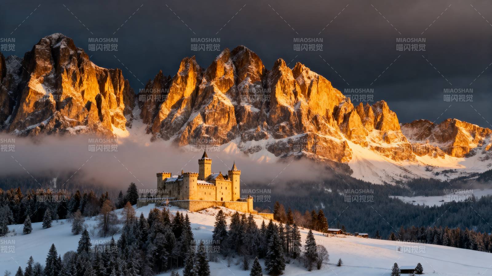 雪峰映照古堡图片