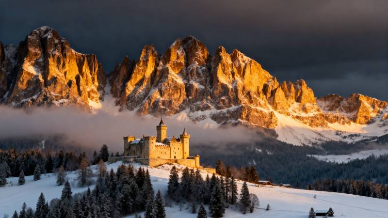 雪峰映照古堡图片