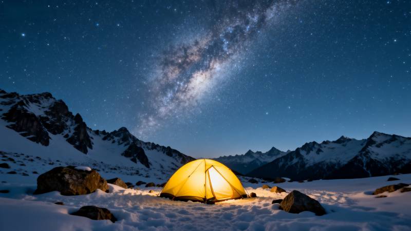 雪夜星空下的帐篷图片