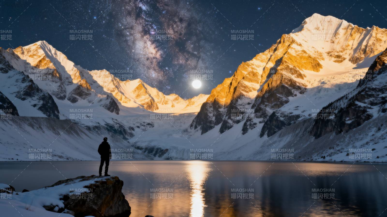 雪山夜景银河倒影图片