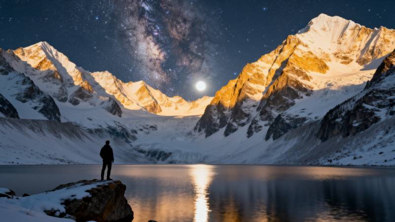 雪山夜景银河倒影图片