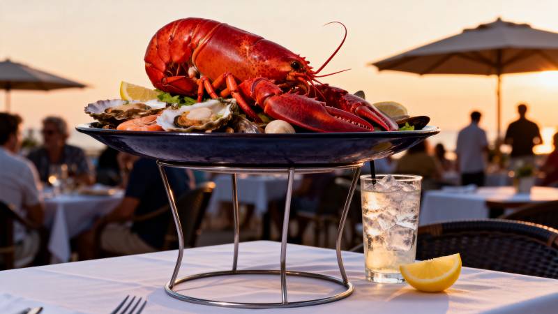 海鲜盛宴夕阳下图片