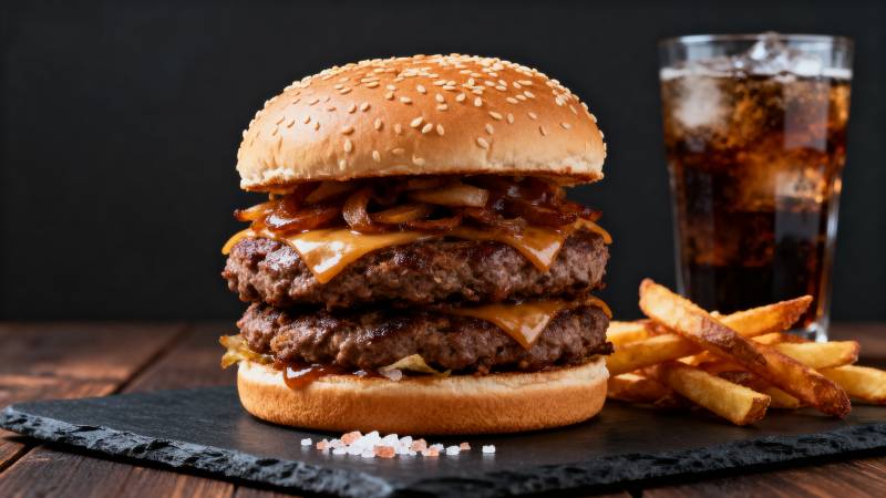 美味双层汉堡配薯条图片