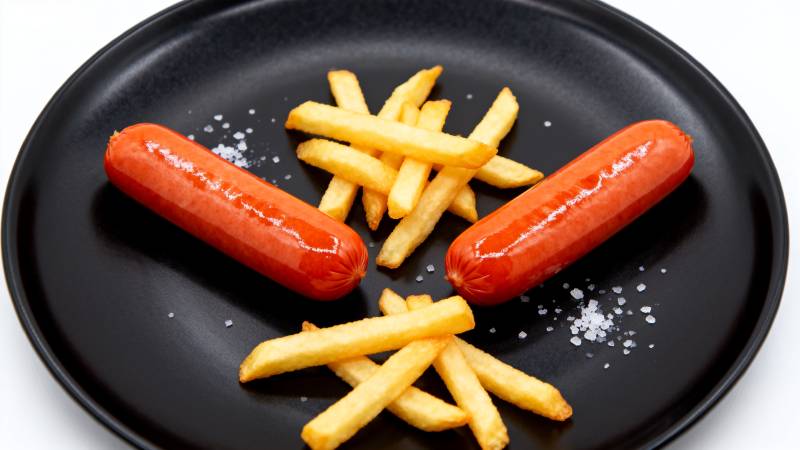香肠薯条配盐粒图片