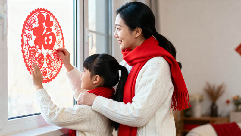 母女贴福字迎新春图片