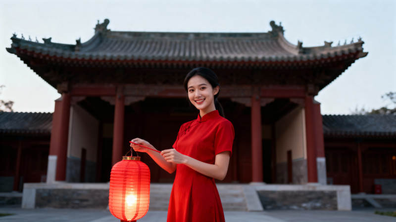 红衣女子持灯笼图片