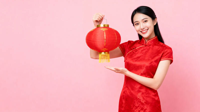 红衣女子持灯笼图片