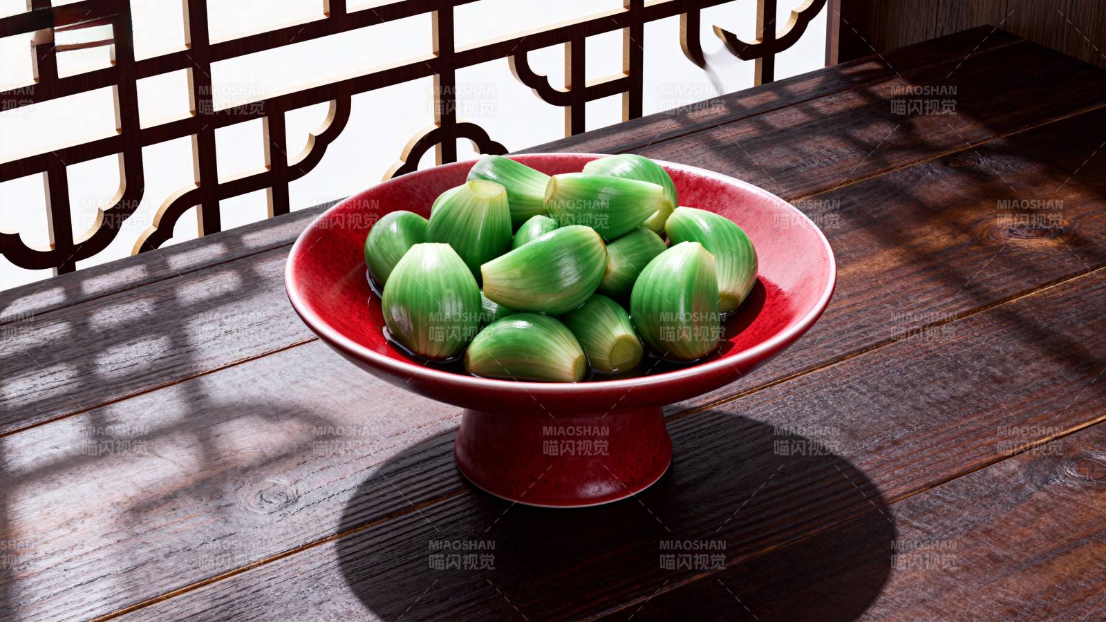 青果红碗光影间图片