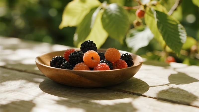 木碗盛满新鲜浆果图片