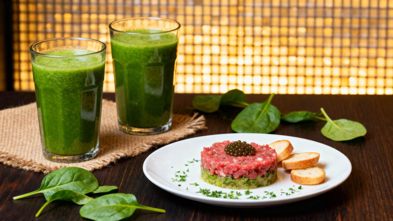 绿色饮品配牛排塔图片