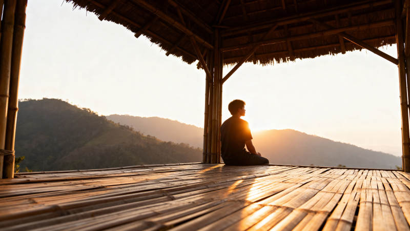 山间静坐 夕阳相伴图片