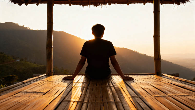 山间静坐 夕阳如画图片