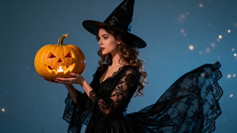 万圣夜巫女持南瓜灯图片