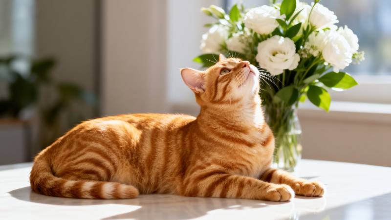 橙猫静卧赏花图片