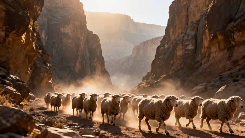 羊群穿行峡谷图片