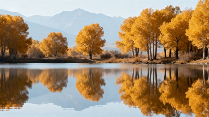 秋湖映金树图片