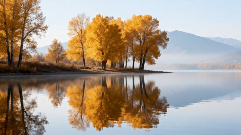 秋湖映金树图片