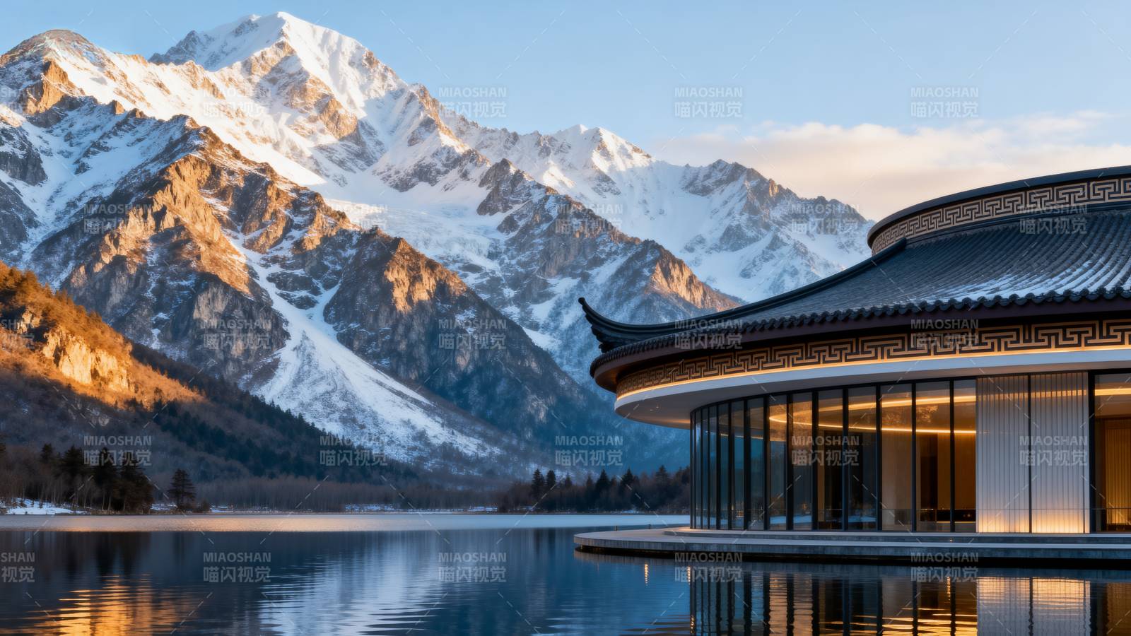雪山湖畔的现代建筑图片