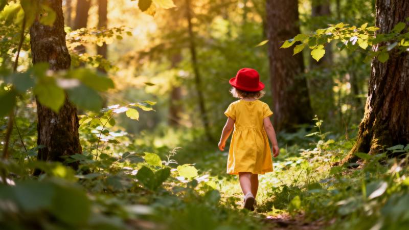 林间小径上的小女孩图片